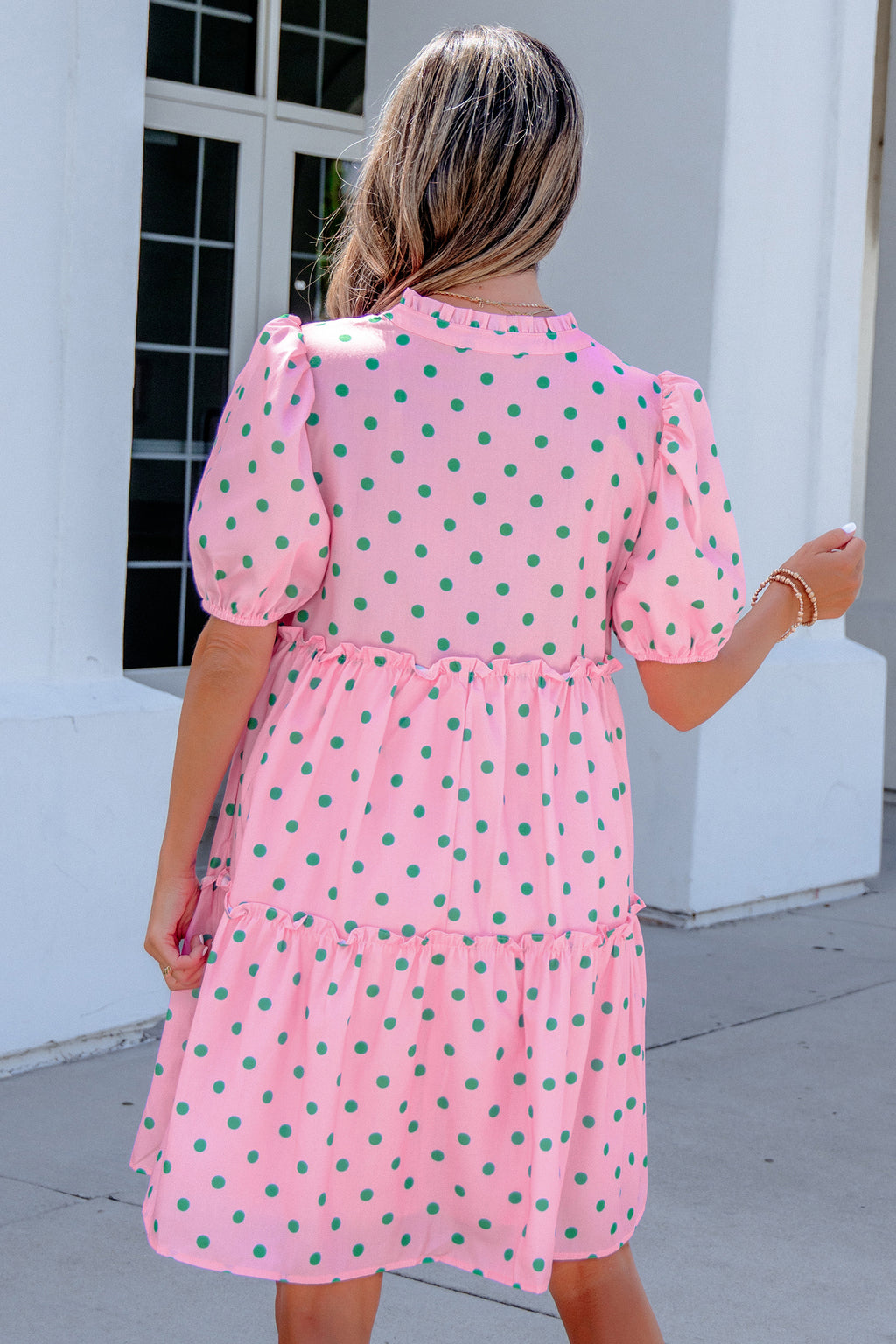 Pink Polka Dot V-Neck Tiered Mini Dress