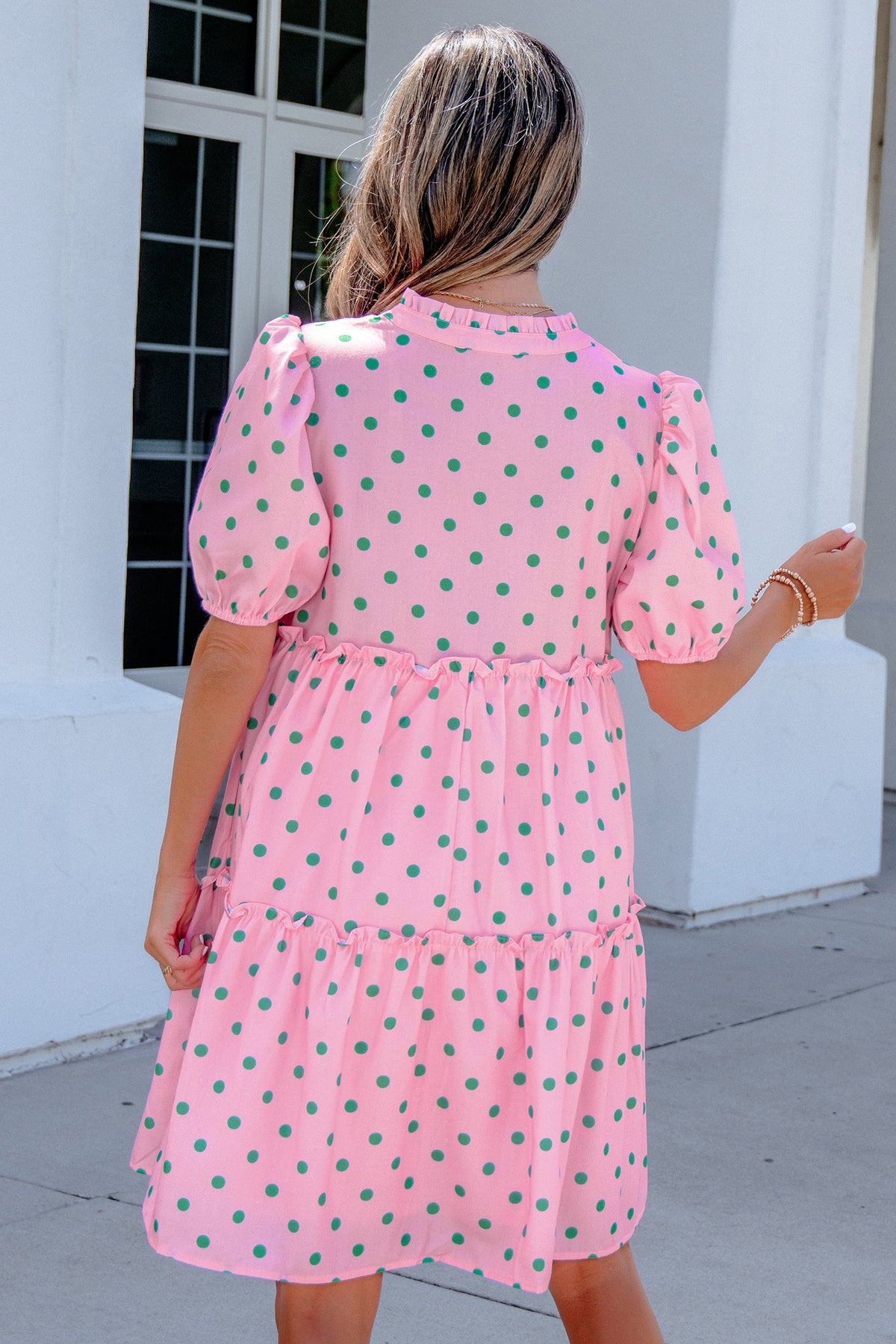 Pink Polka Dot V-Neck Tiered Mini Dress