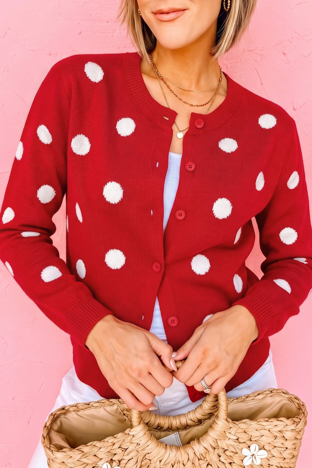 Red Polka Dot Button-Front Knit Cardigan
