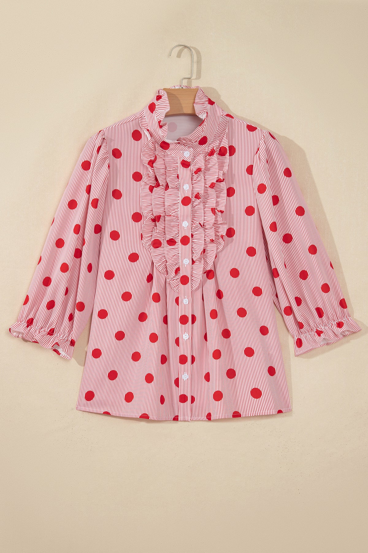 Red Striped Polka Dot Ruffle-Neck Blouse