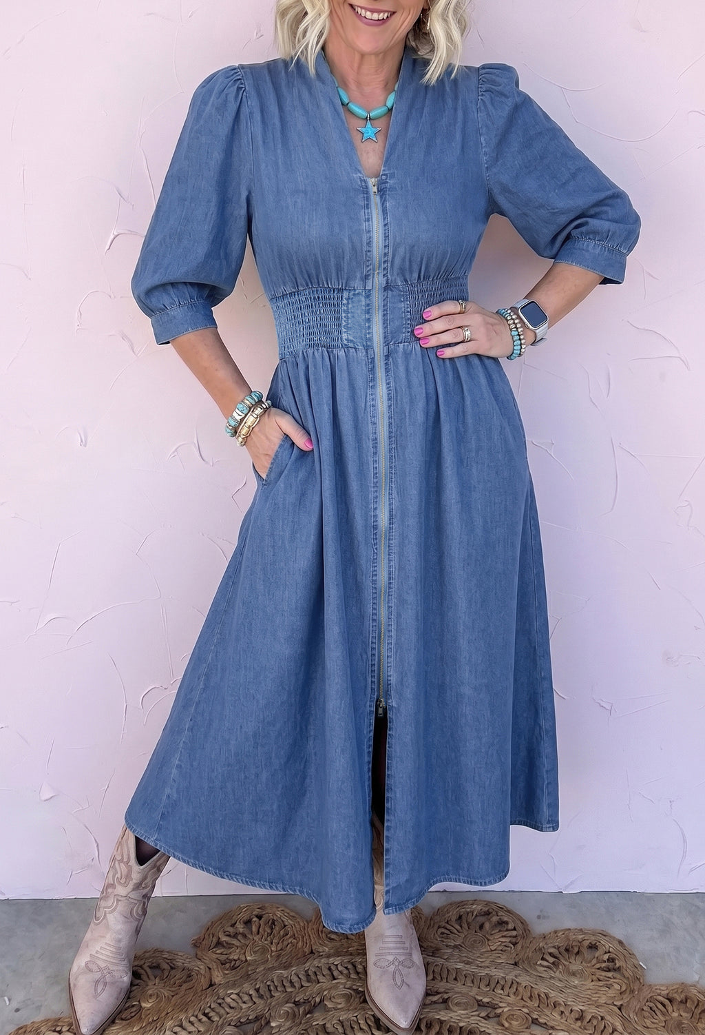 Blue V-Neck Zip-Front Denim Midi Dress