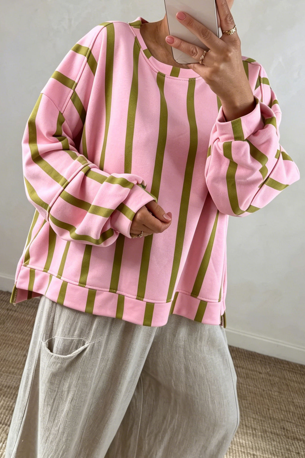 Green Striped Drop-Shoulder Crewneck Sweatshirt from ARVELA