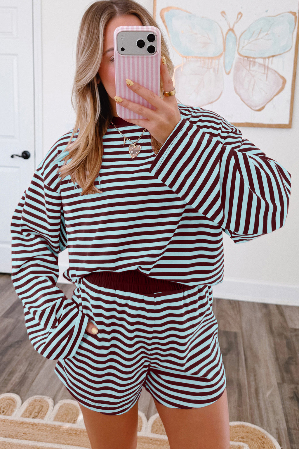 Brown Striped Long-Sleeve Top & Shorts Set