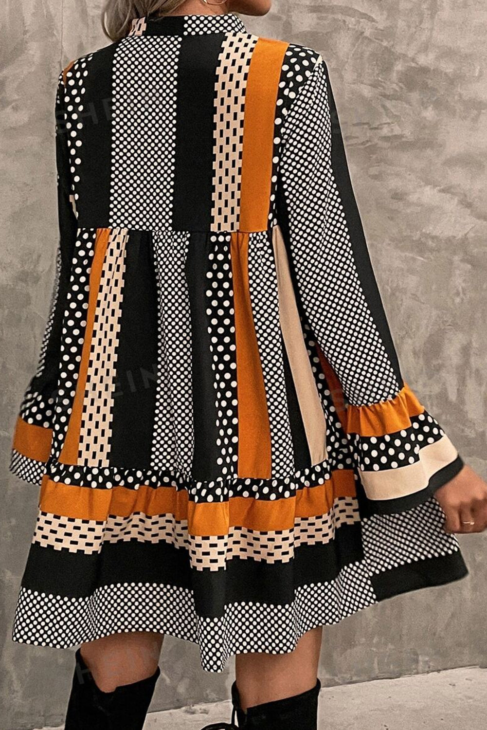Black Striped Polka Dot V-Neck Mini Dress