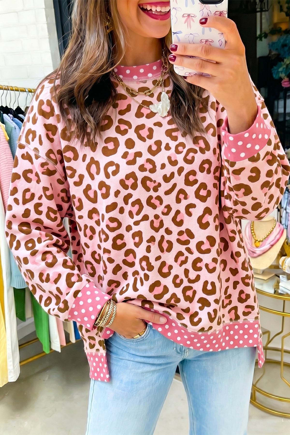 Pink Leopard Polka Dot Long-Sleeve Top
