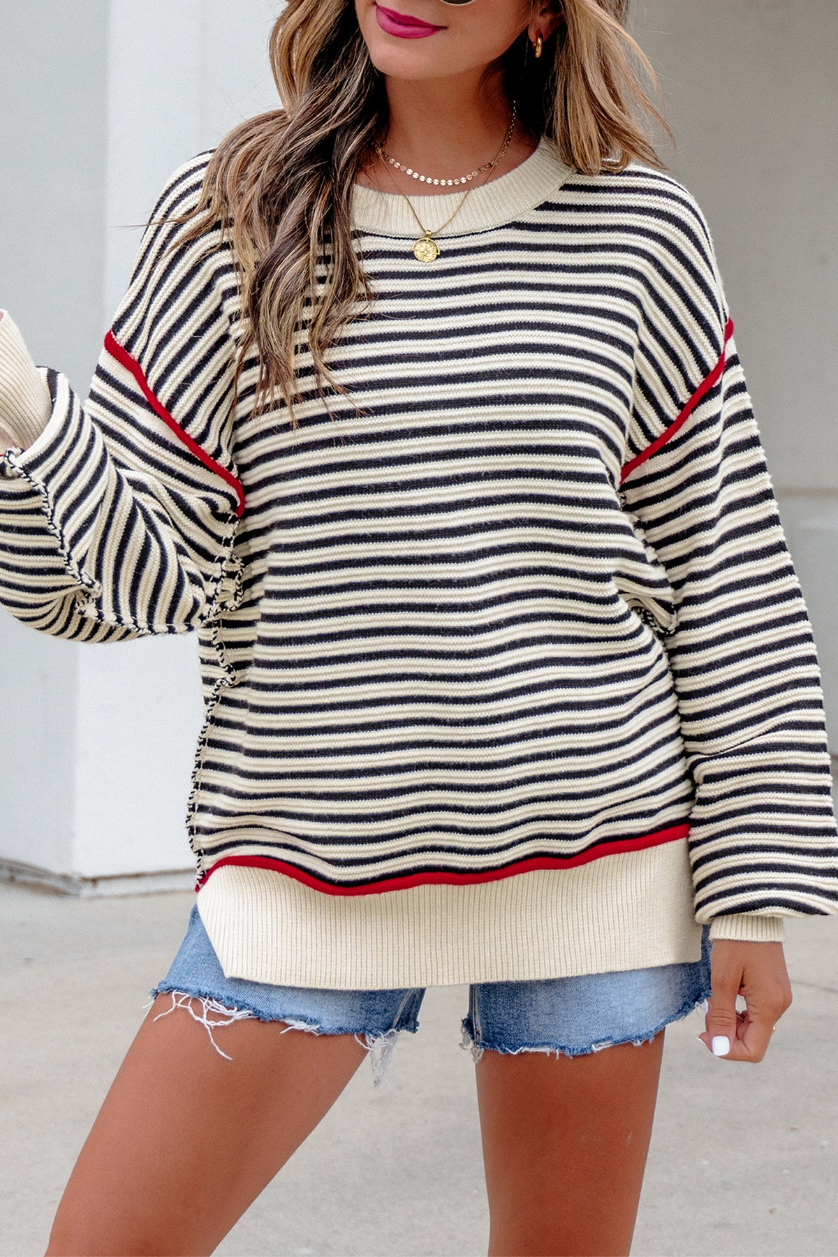 Black Striped Oversized Drop-Shoulder Sweater