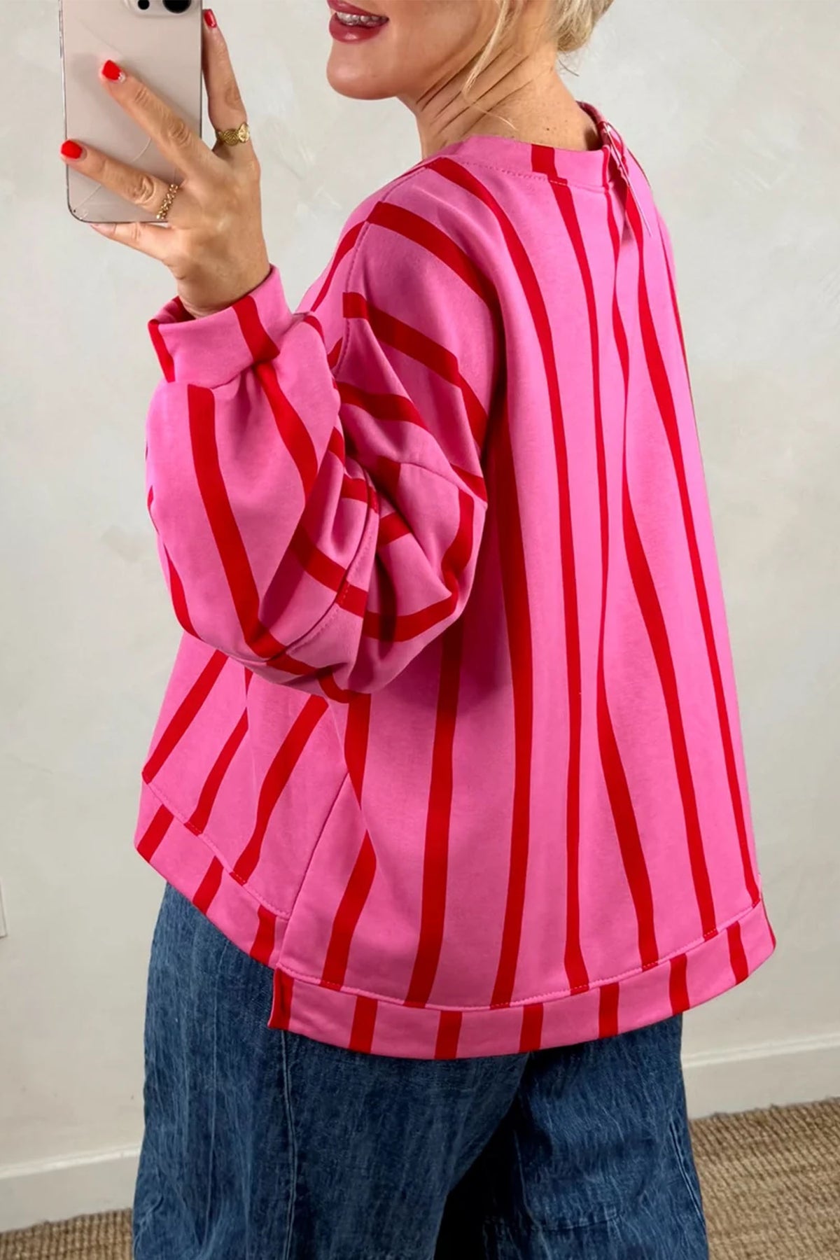 Green Striped Drop-Shoulder Crewneck Sweatshirt