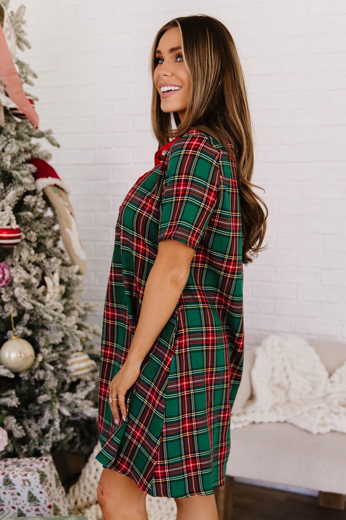 Green Plaid Button-Front Short-Sleeve Mini Dress