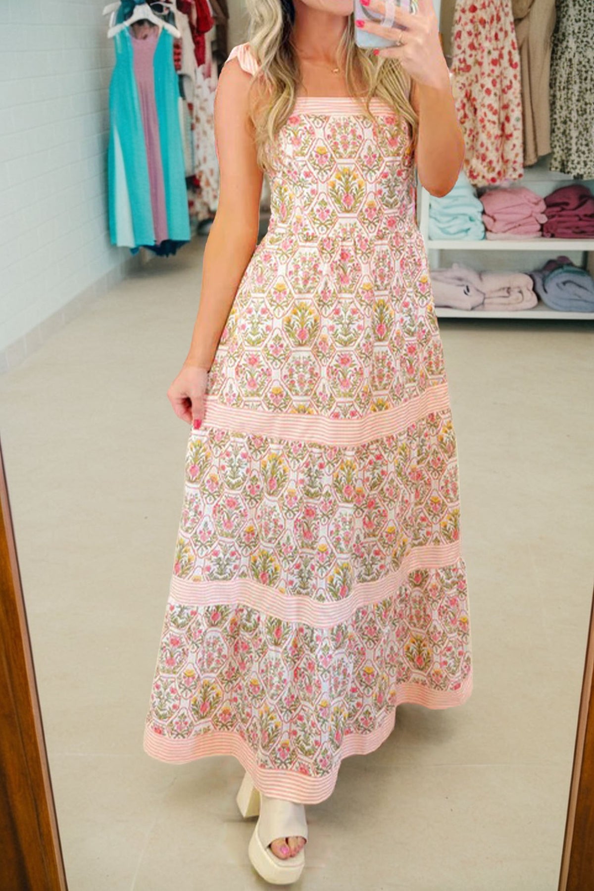 Pink Floral Stripe Sleeveless Dress (Runs Small)