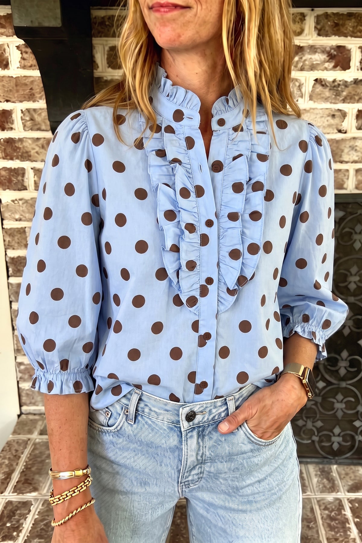 Red Striped Polka Dot Ruffle-Neck Blouse