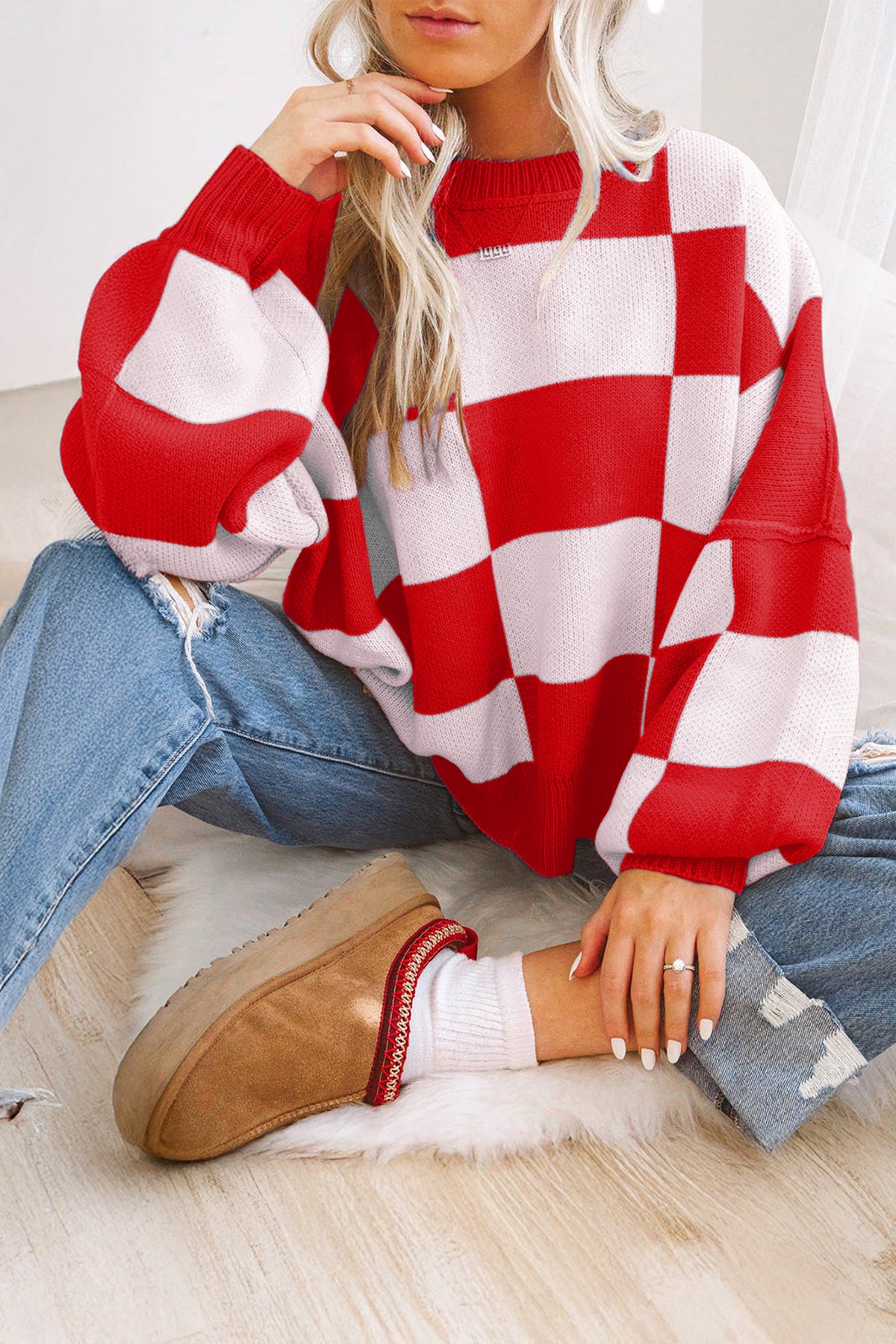 Orange Checkered Bishop-Sleeve Sweater