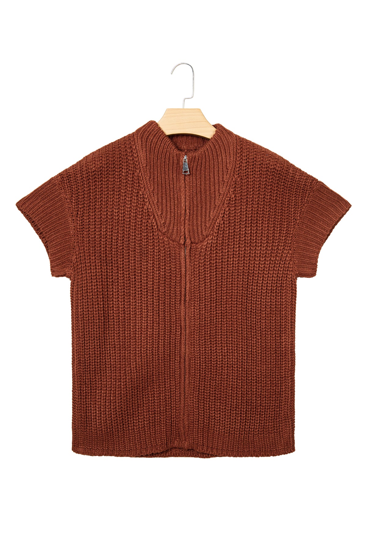 Cream Short-Sleeve Zip-Neck Knit Sweater