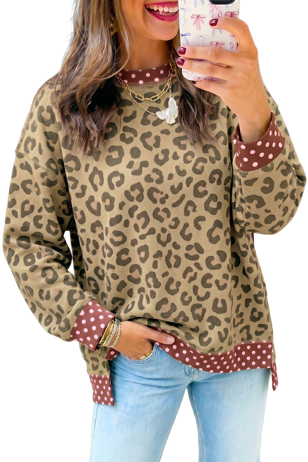 Pink Leopard Polka Dot Long-Sleeve Top