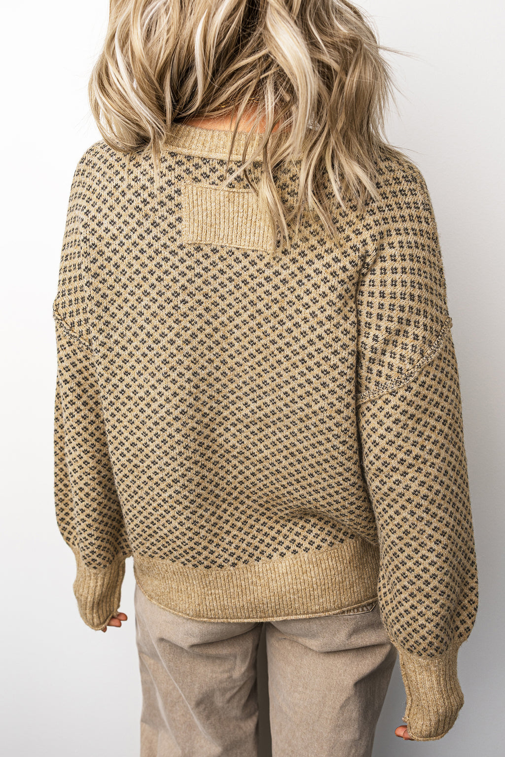 Khaki Geometric-Print Drop-Shoulder Sweater