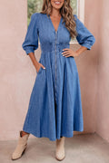 Blue V-Neck Zip-Front Denim Midi Dress from ARVELA