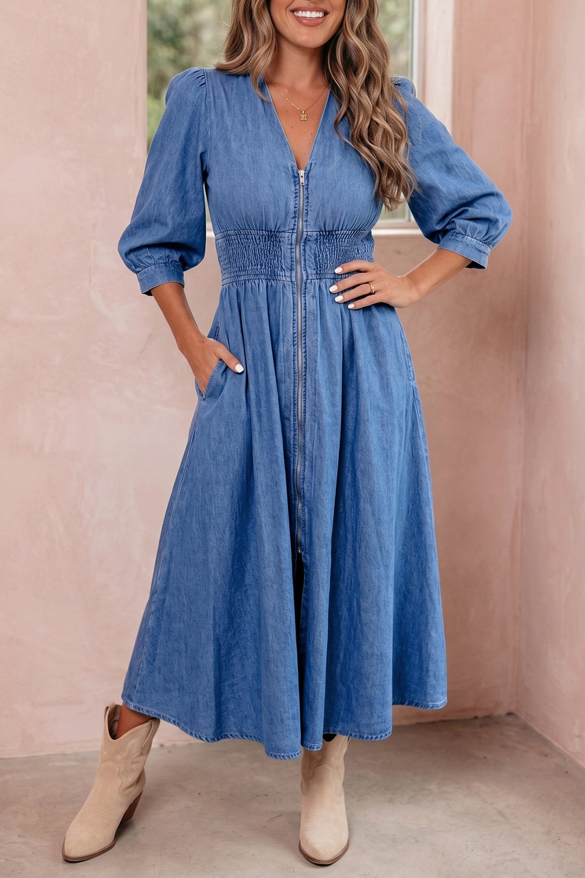 Blue V-Neck Zip-Front Denim Midi Dress from ARVELA