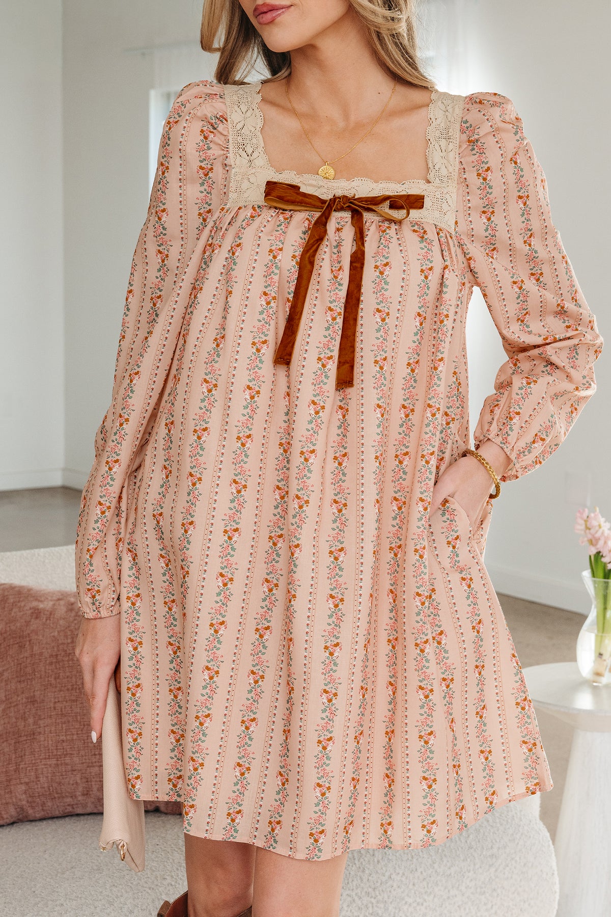 Khaki Floral Lace-Trim Bow Mini Dress