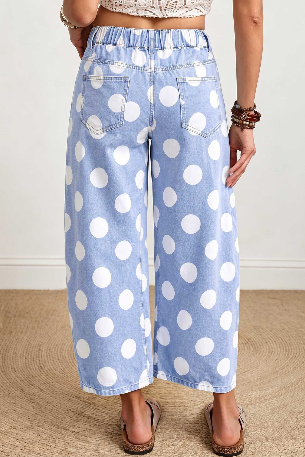 Brown Polka Dot Cropped Barrel-Leg Jeans