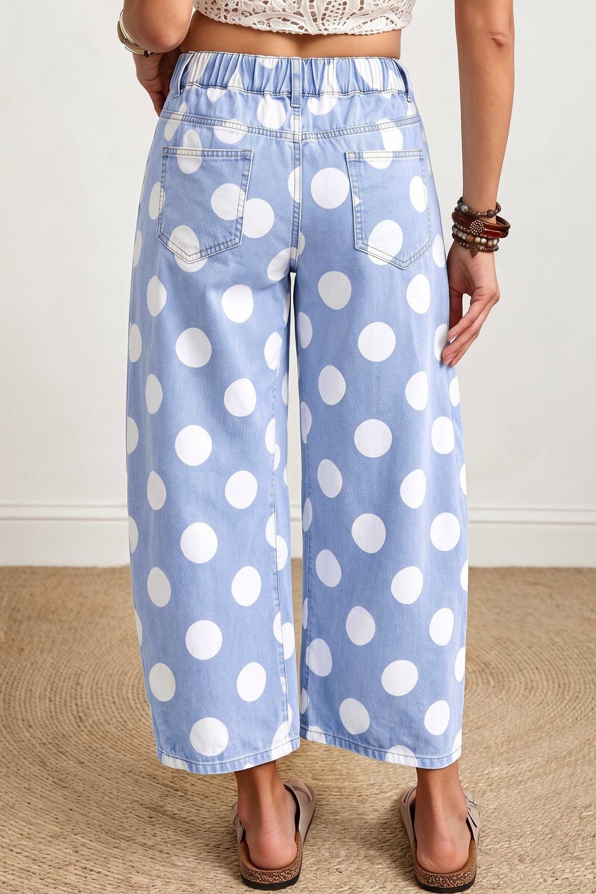 Brown Polka Dot Cropped Barrel-Leg Jeans
