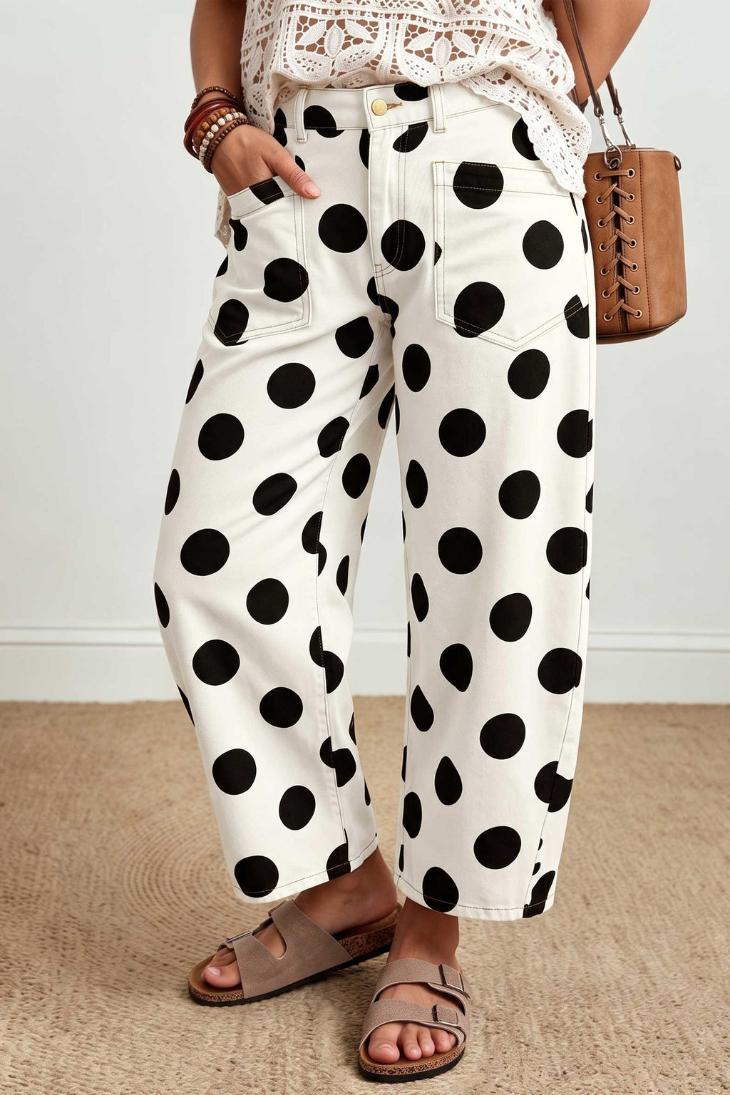 Brown Polka Dot Cropped Barrel-Leg Jeans