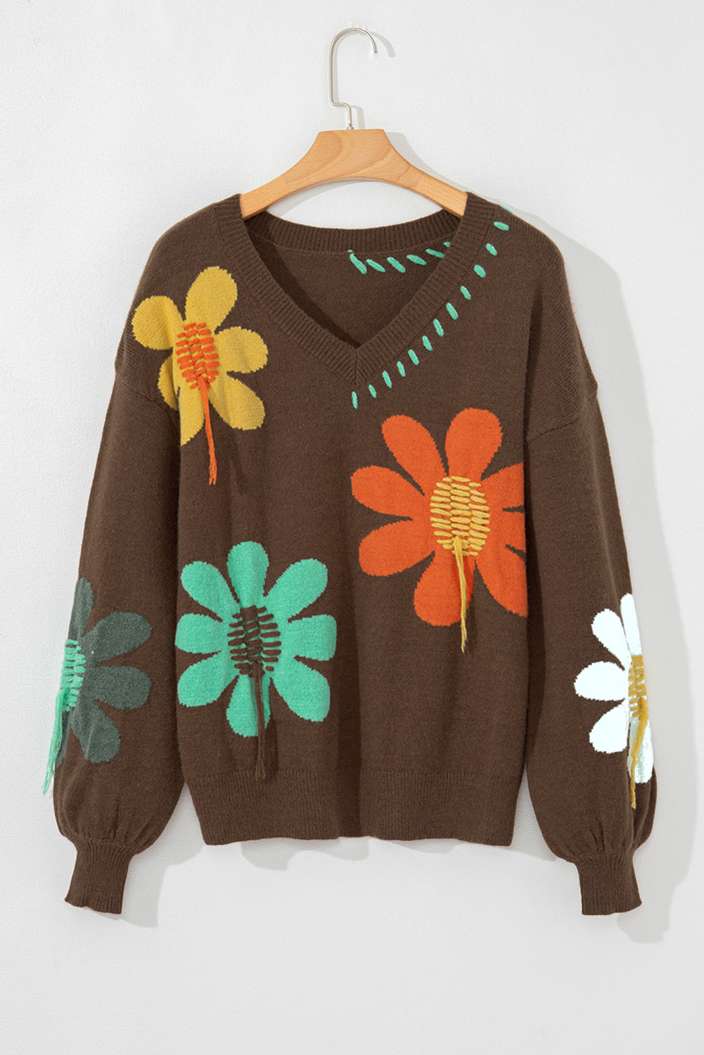 Coffee Brown Floral V-Neck Knit Sweater