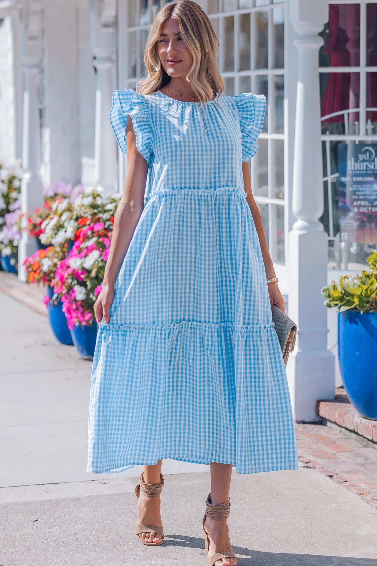 Sky Blue Gingham Ruffle-Sleeve Maxi Dress