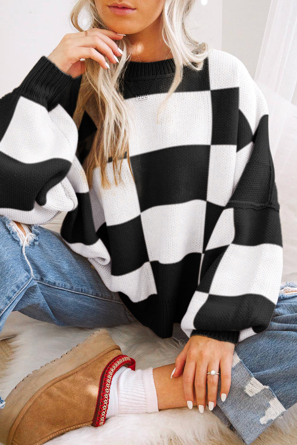 Orange Checkered Bishop-Sleeve Sweater