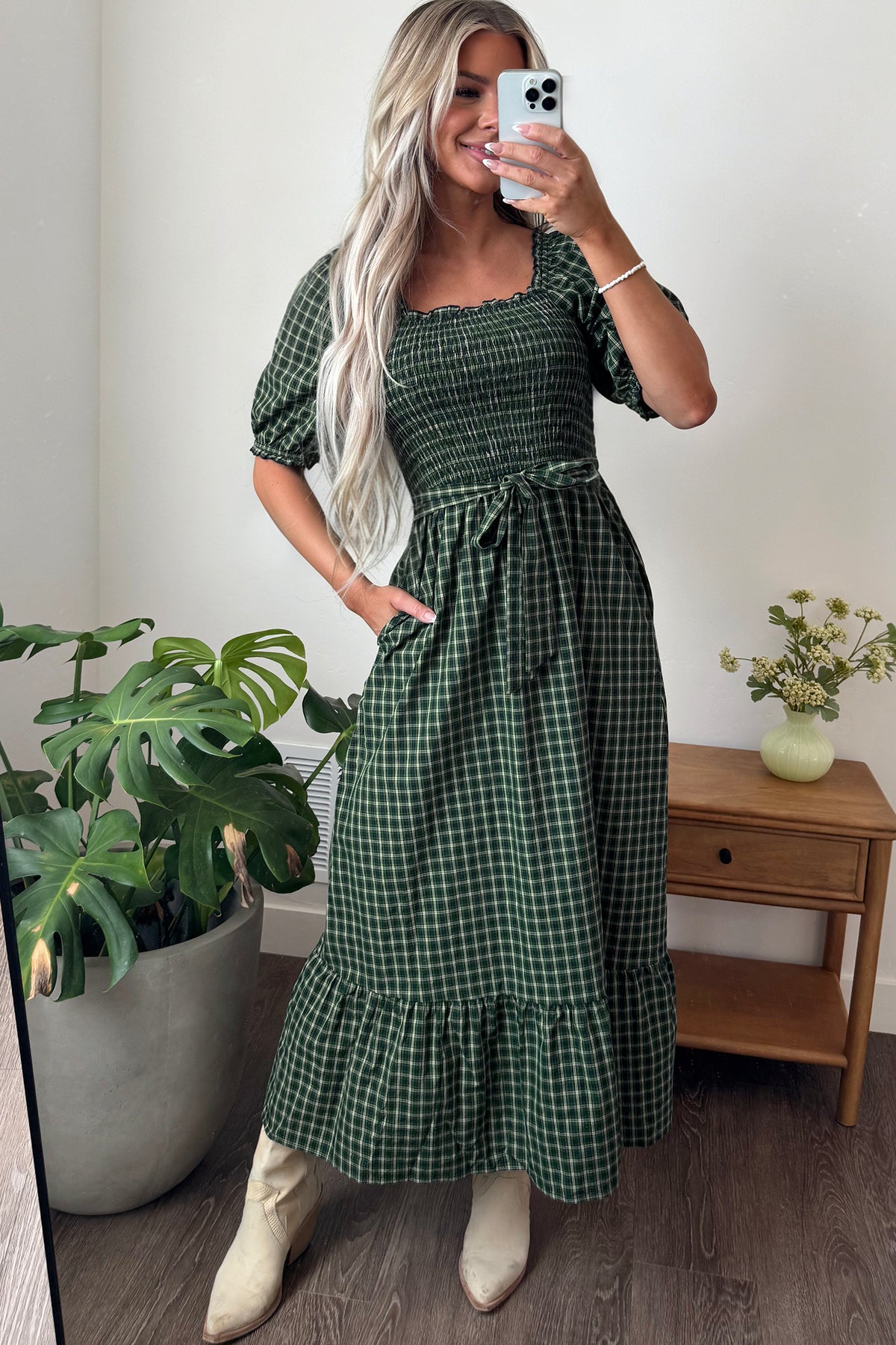 Green Plaid Square-Neck Ruffle Maxi Dress