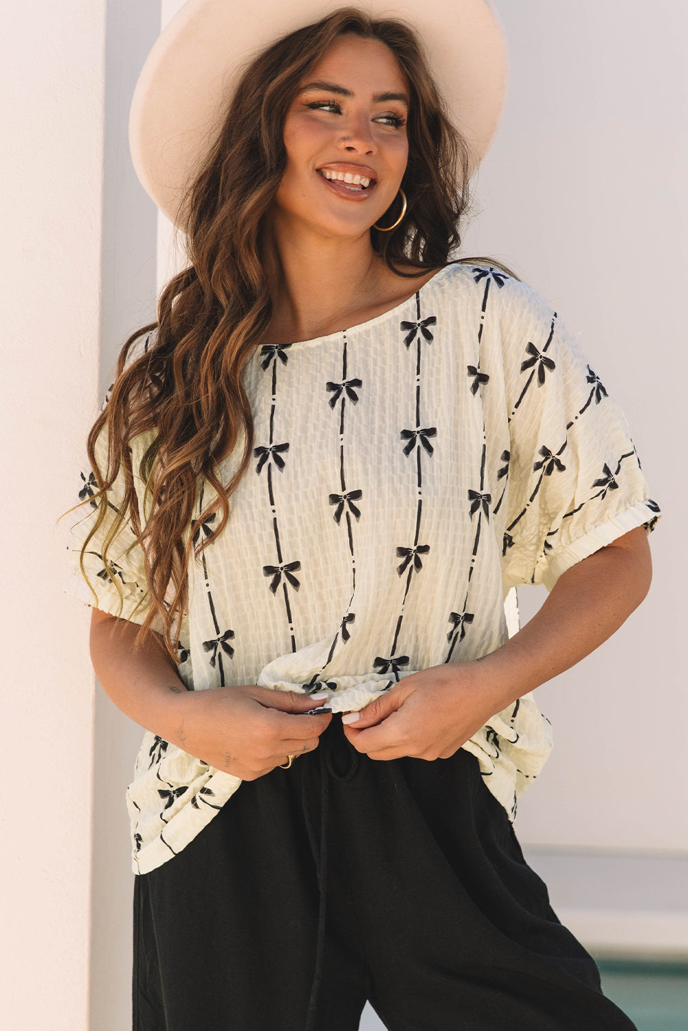 Beige Bow-Print Puff-Sleeve Blouse