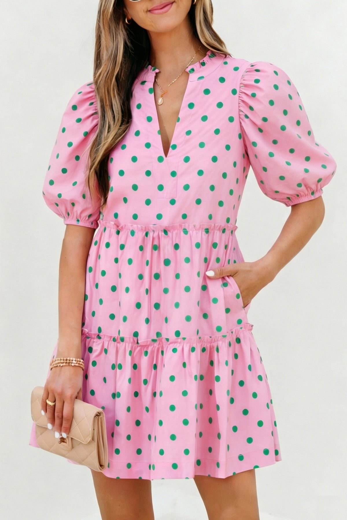 Pink Polka Dot V-Neck Tiered Mini Dress