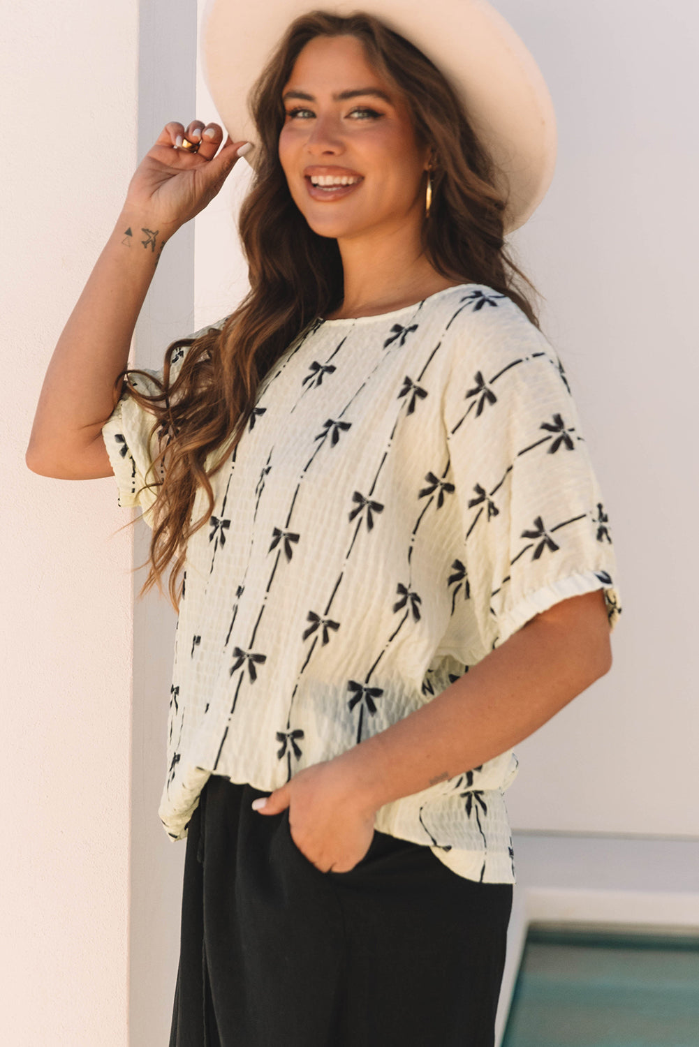 Beige Bow-Print Puff-Sleeve Blouse
