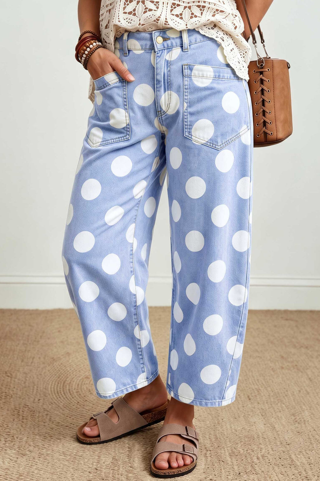 Brown Polka Dot Cropped Barrel-Leg Jeans