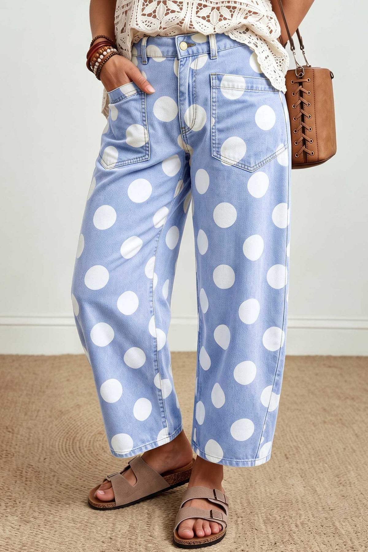 Brown Polka Dot Cropped Barrel-Leg Jeans