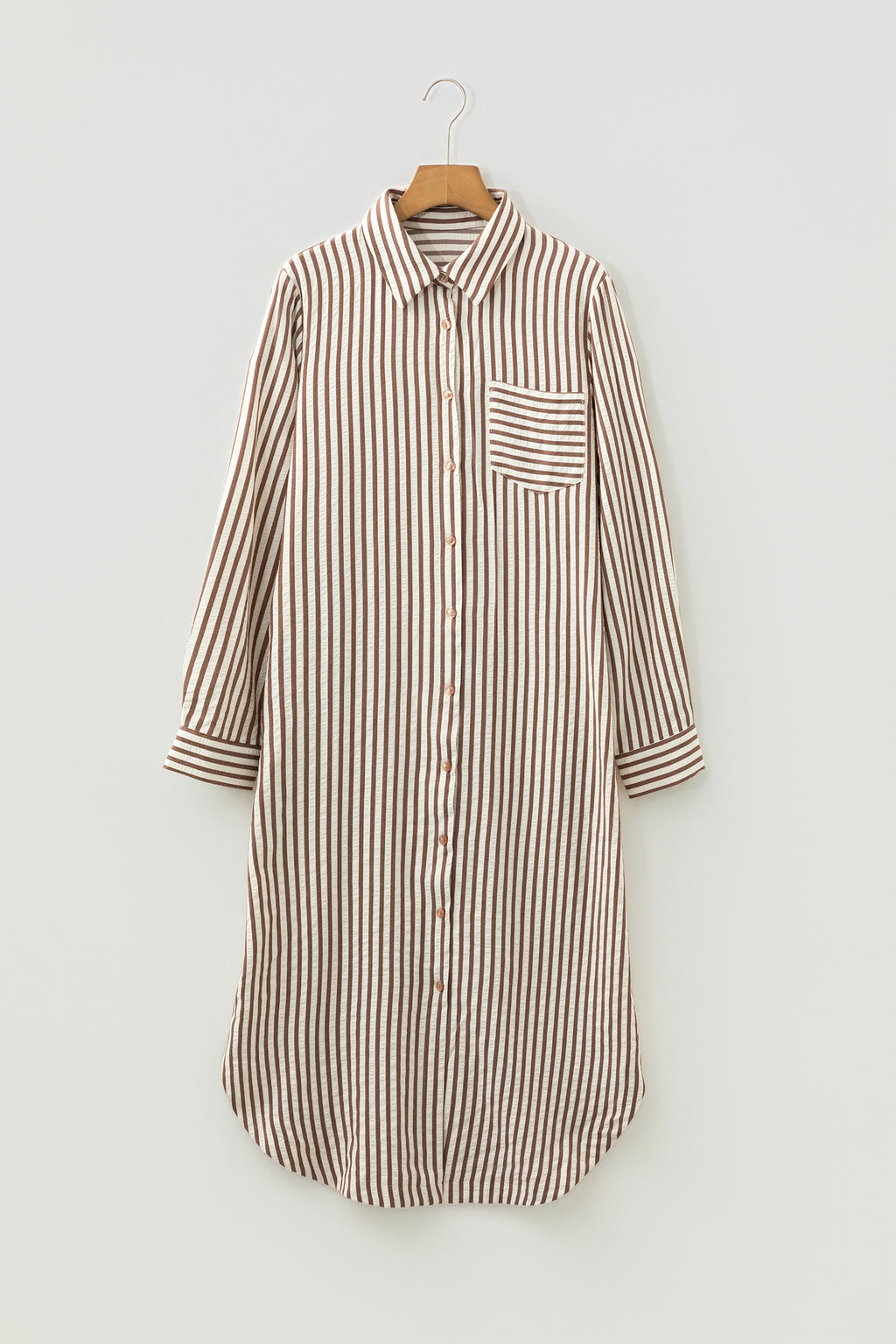 Brown Striped Textured Midi Shirt Dress