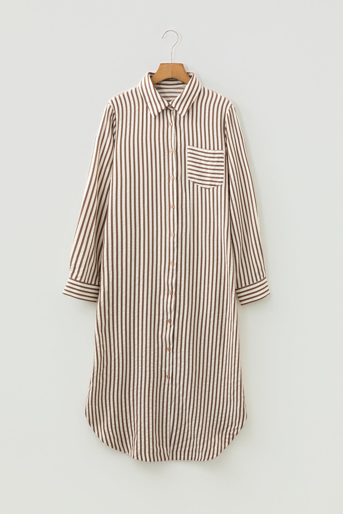 Brown Striped Textured Midi Shirt Dress