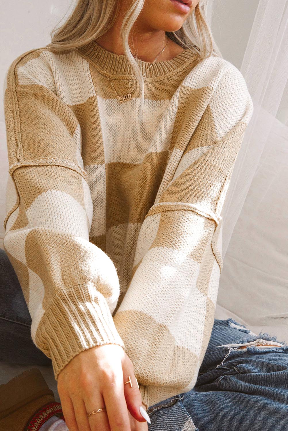 Orange Checkered Bishop-Sleeve Sweater