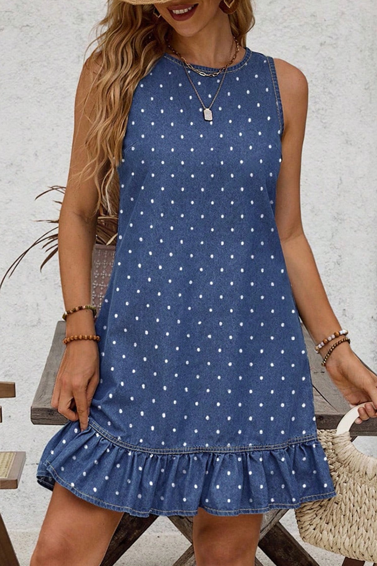 Blue Polka Dot Sleeveless Denim Mini Dress from ARVELA