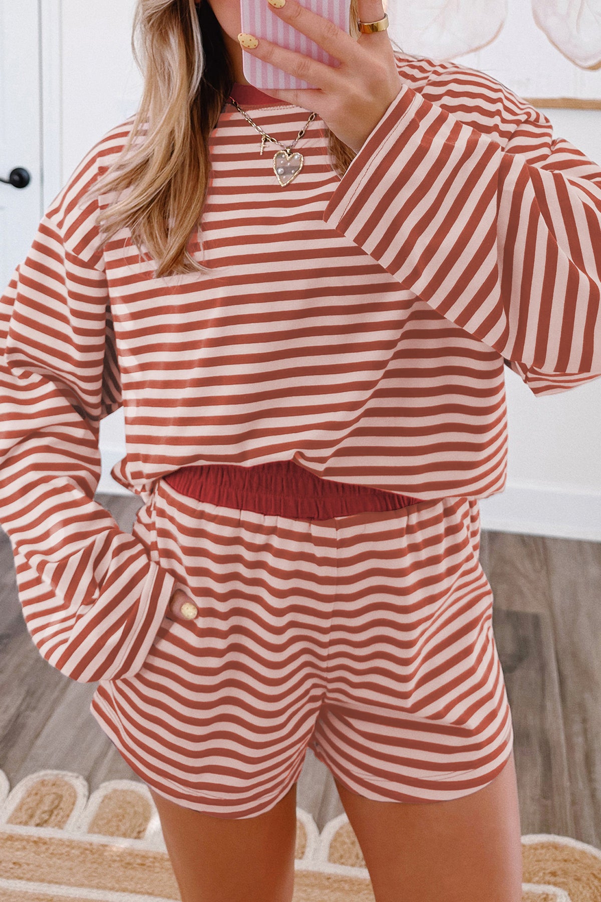 Brown Striped Long-Sleeve Top & Shorts Set
