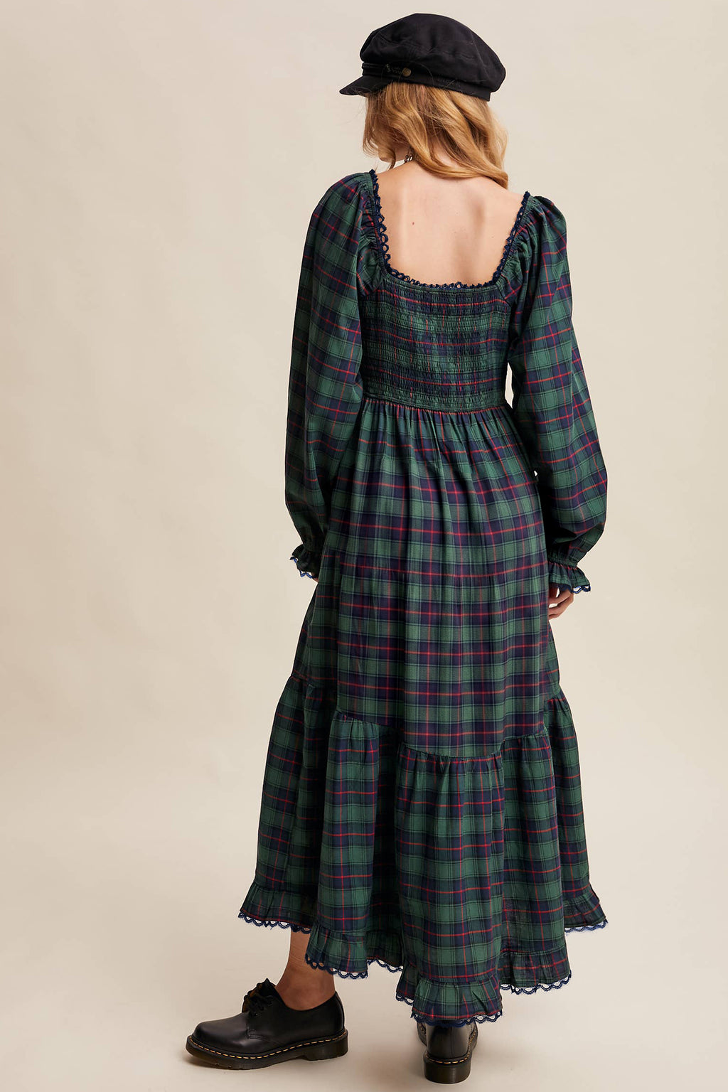 Green Plaid Lace-Trim Long-Sleeve Maxi Dress