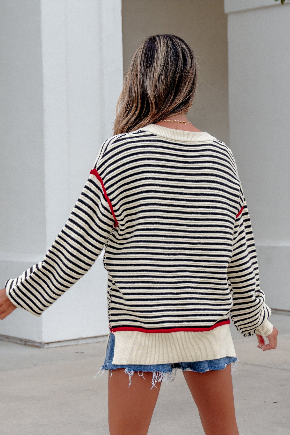 Black Striped Oversized Drop-Shoulder Sweater