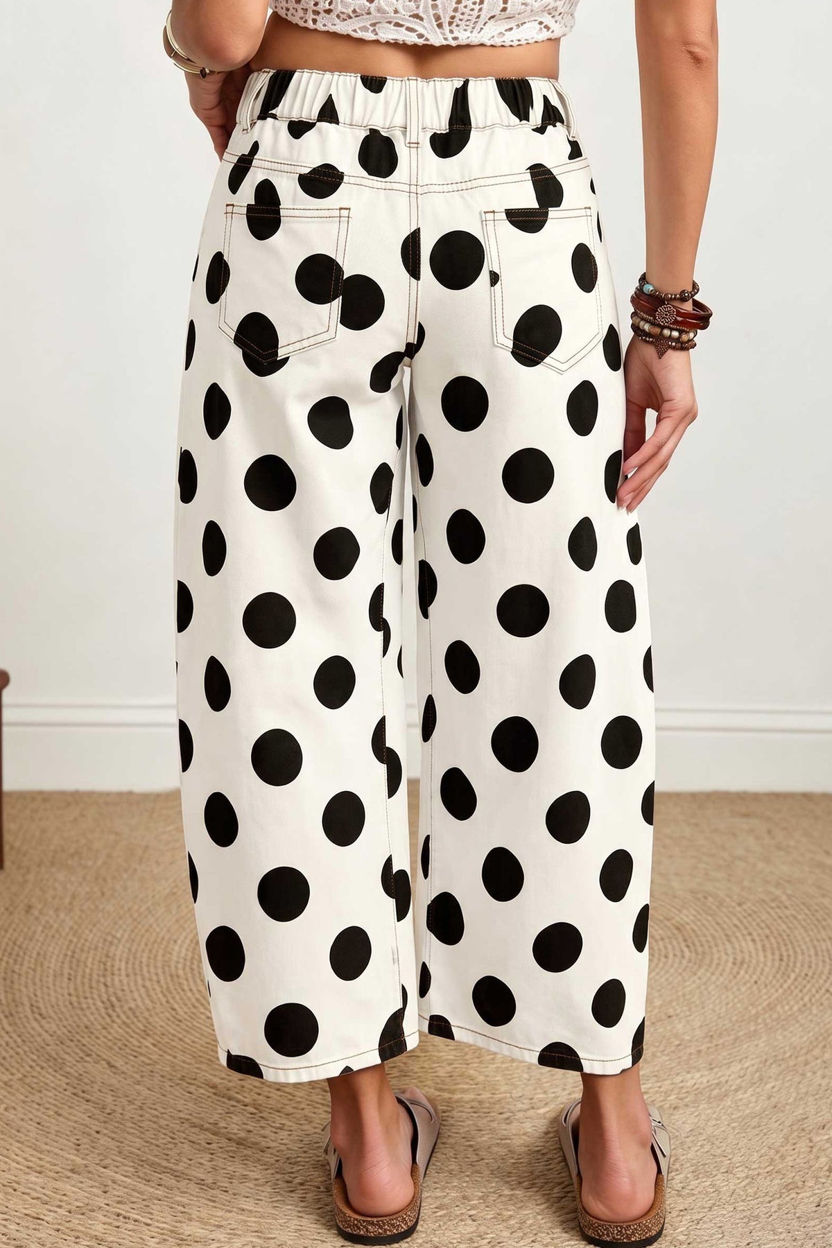 Brown Polka Dot Cropped Barrel-Leg Jeans