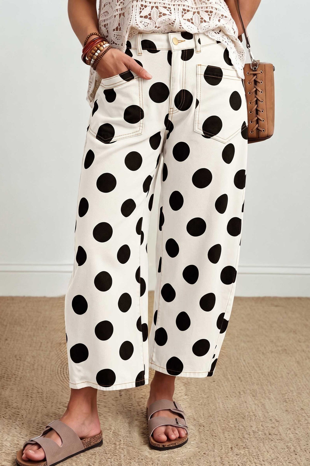 Brown Polka Dot Cropped Barrel-Leg Jeans