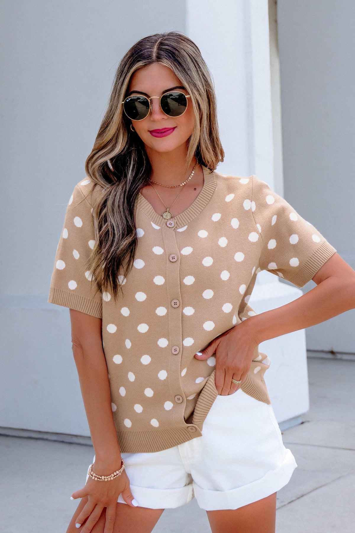 Dark Khaki Polka Dot Short-Sleeve Knit Cardigan
