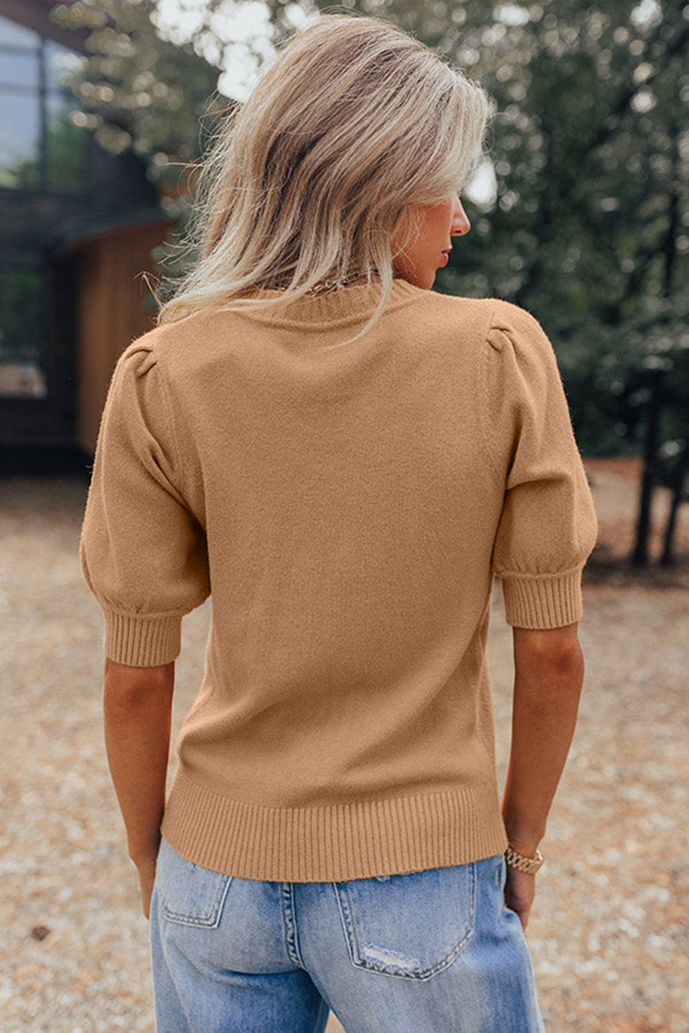 Light Beige Puff-Sleeve Knit Sweater Top