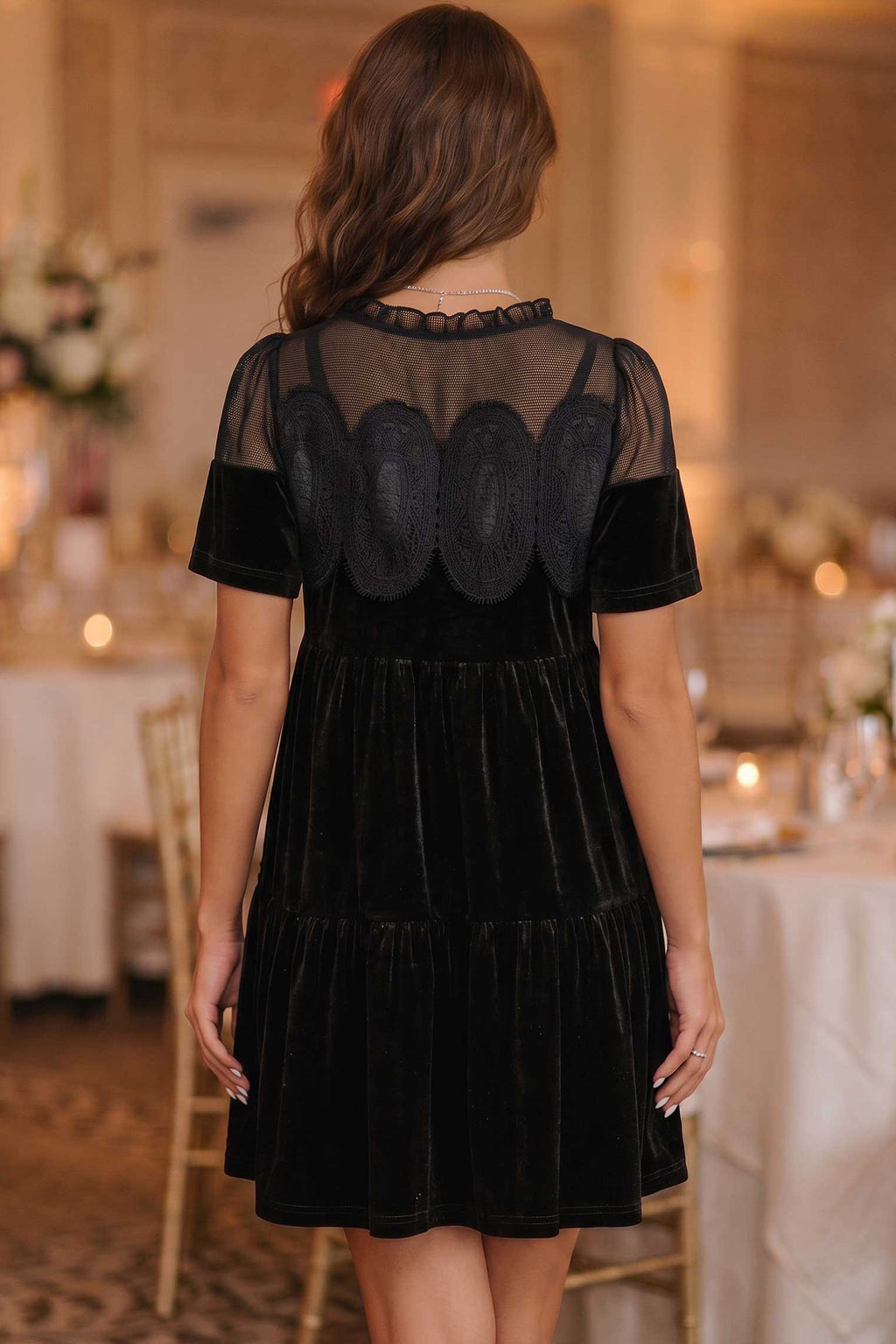 Black Embroidered Velvet Short-Sleeve Mini Dress