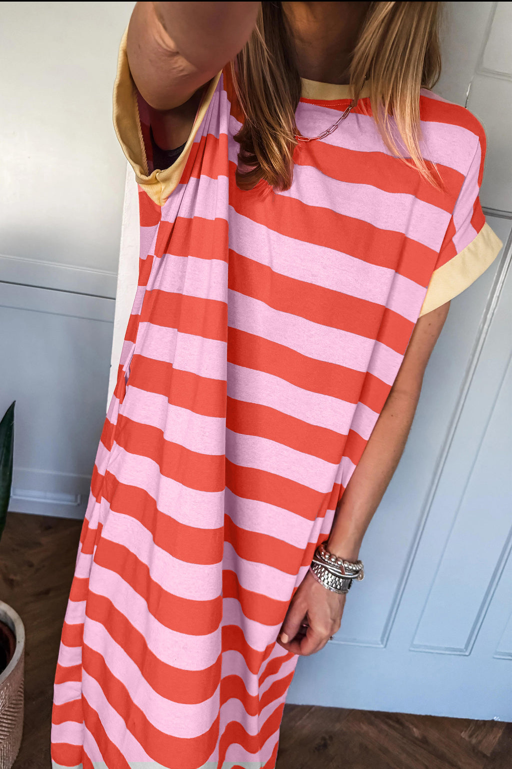 Rose Striped Pocket T-Shirt Maxi Dress