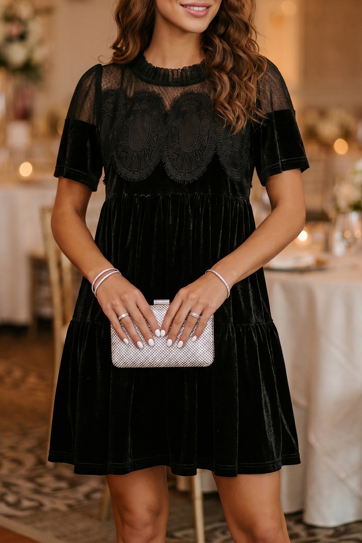 Black Embroidered Velvet Short-Sleeve Mini Dress