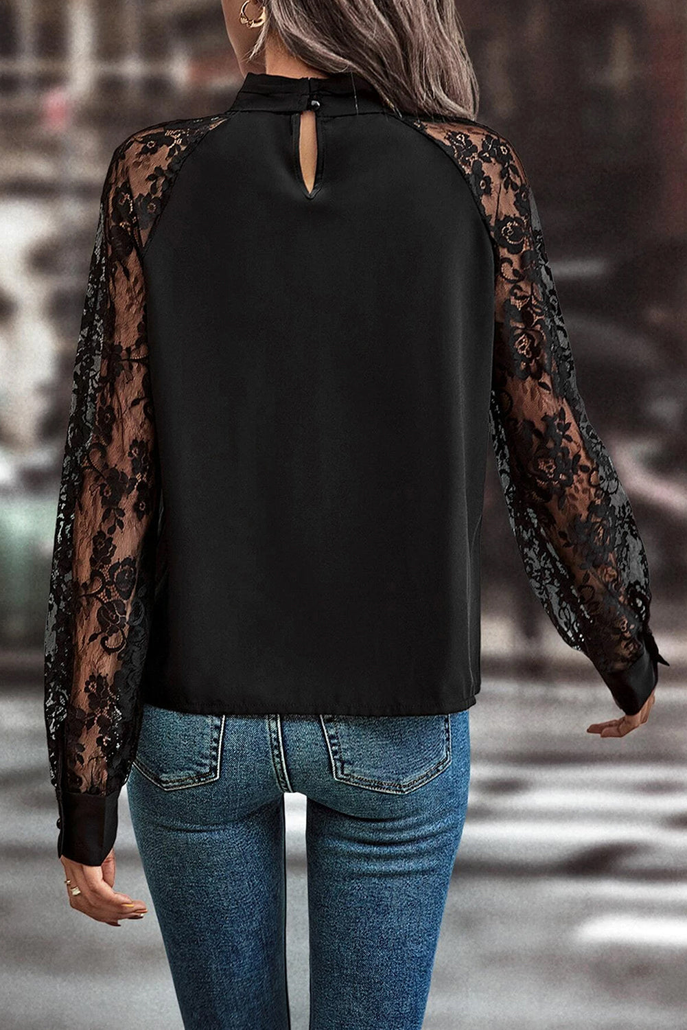Black Floral-Lace Keyhole-Neck Blouse