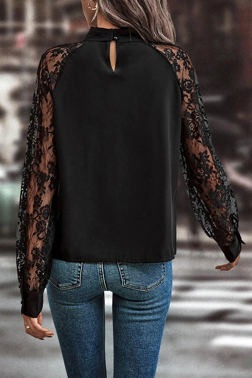 Black Floral-Lace Keyhole-Neck Blouse
