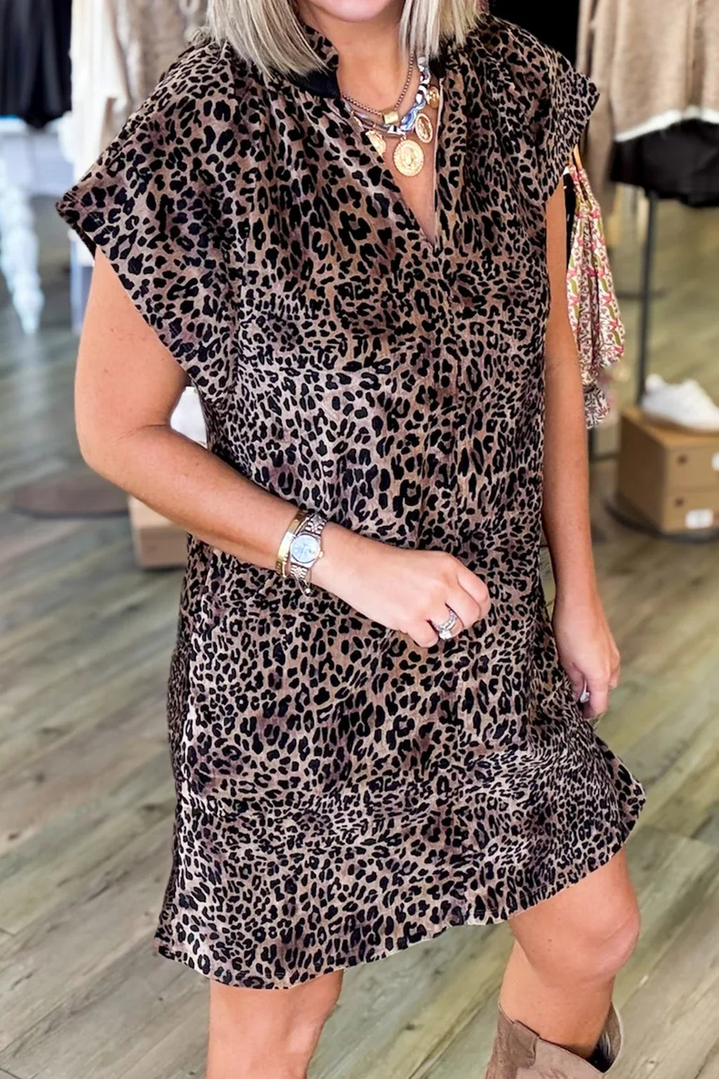 Brown Leopard-Print Short-Sleeve Shift Mini Dress